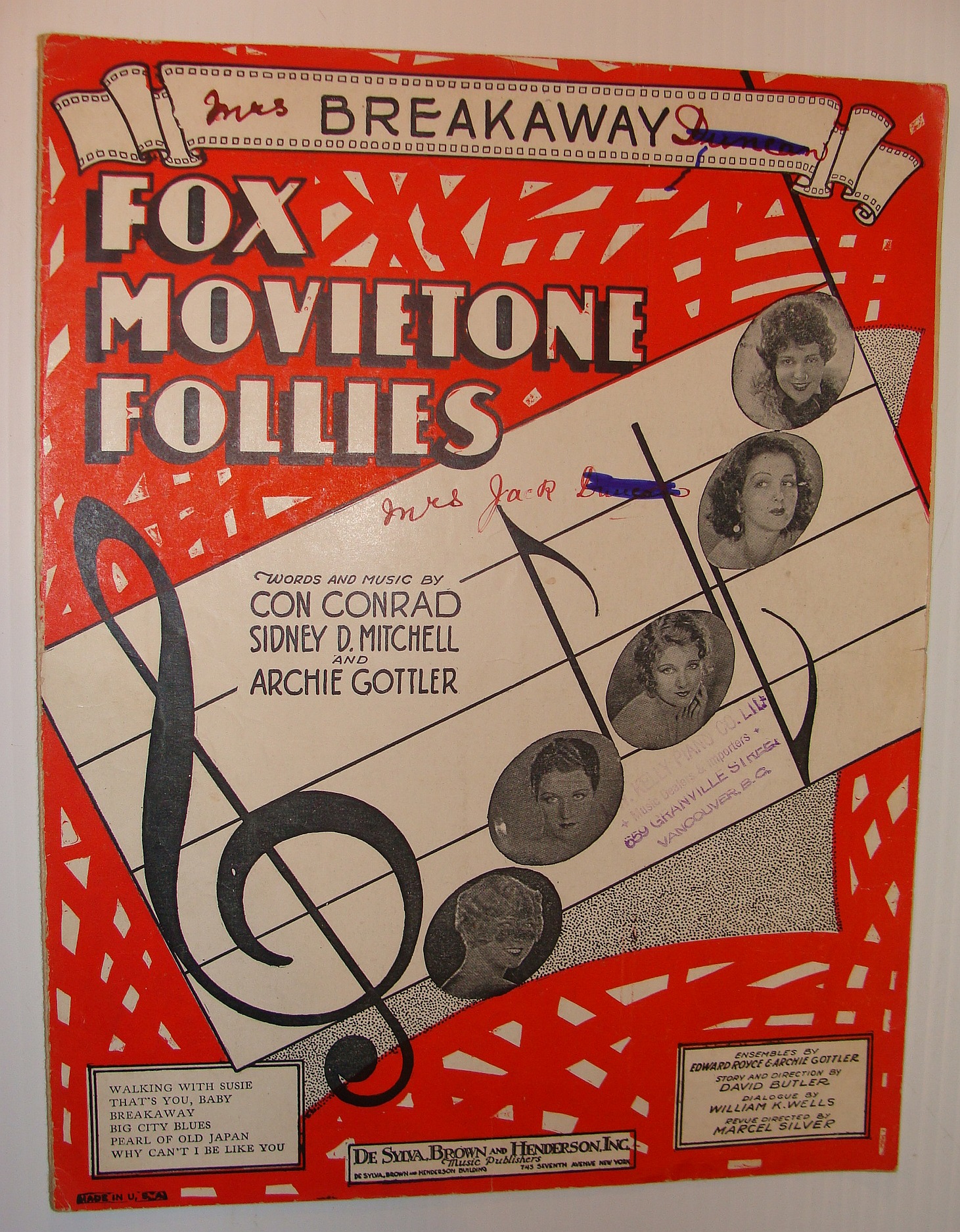 Image for Breakaway - Sheet Music for the Song from Fox Movietown Follies of 1929