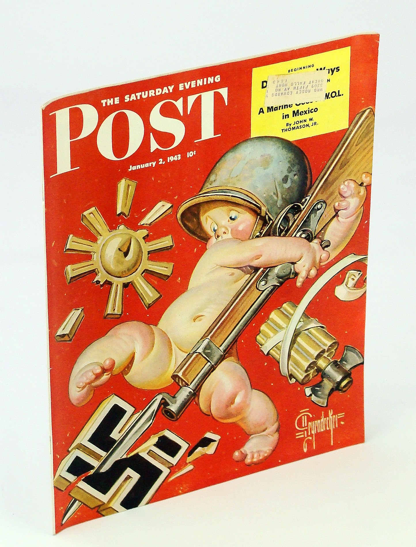 Image for The Saturday Evening Post Magazine, January [Jan.] 2, 1943: Baby New Year At War Cover Art by J.C. Leyendecker Vol 215, No. 27