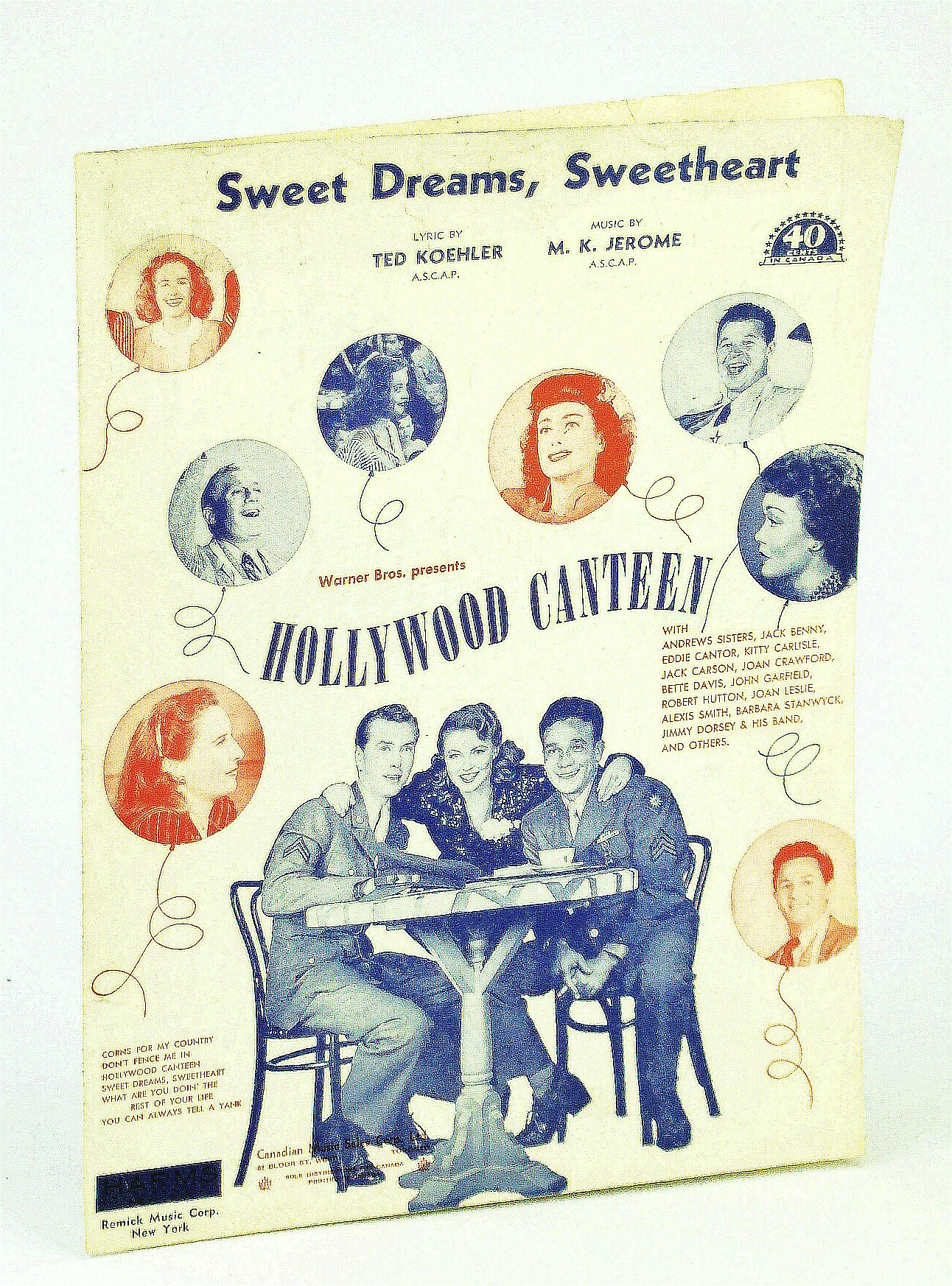 Image for SWEET DREAMS SWEETHEART (M.K. Jerome 1944 SHEET MUSIC) from the film HOLLYWOOD CANTEEN with Joan Crawford, Jack Benny, Bette Davis and Barbara Stanwyck (pictured)