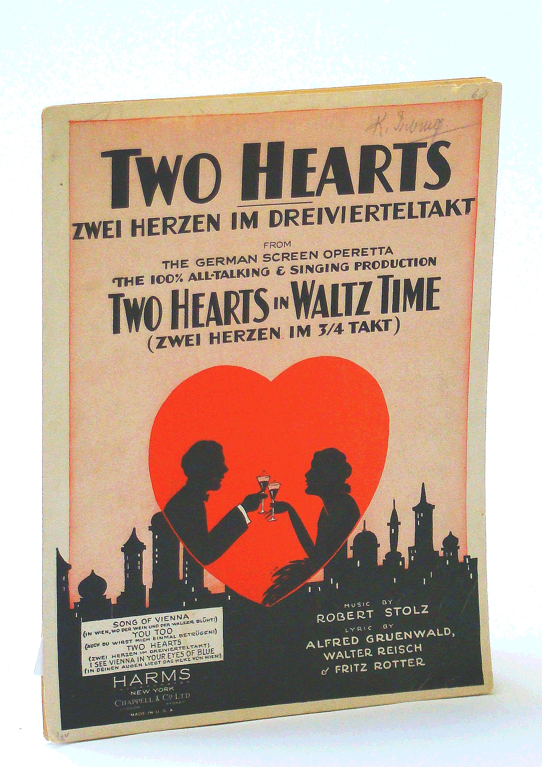 Image for TWO HEARTS (ZWEI HERZEN IN 3/4 TAKT) (Robert Stolz SHEET MUSIC) 1930 from the German screen operetta TWO HEARTS IN WALTZ TIME, Excellent condition