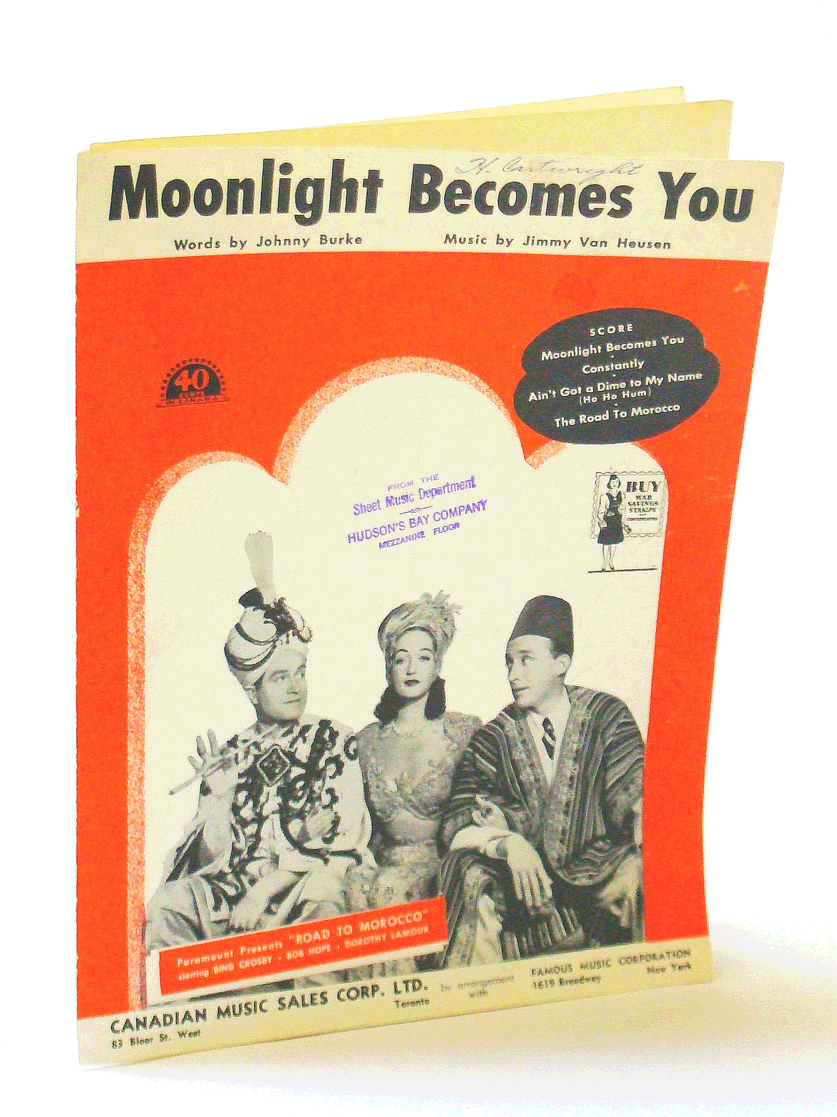 Image for Moonlight Becomes You in Road to Morocco featuring Bing Crosby, Bob Hope, Dorothy Lamour ; Vintage Vocal, Piano, Chords Sheet Music