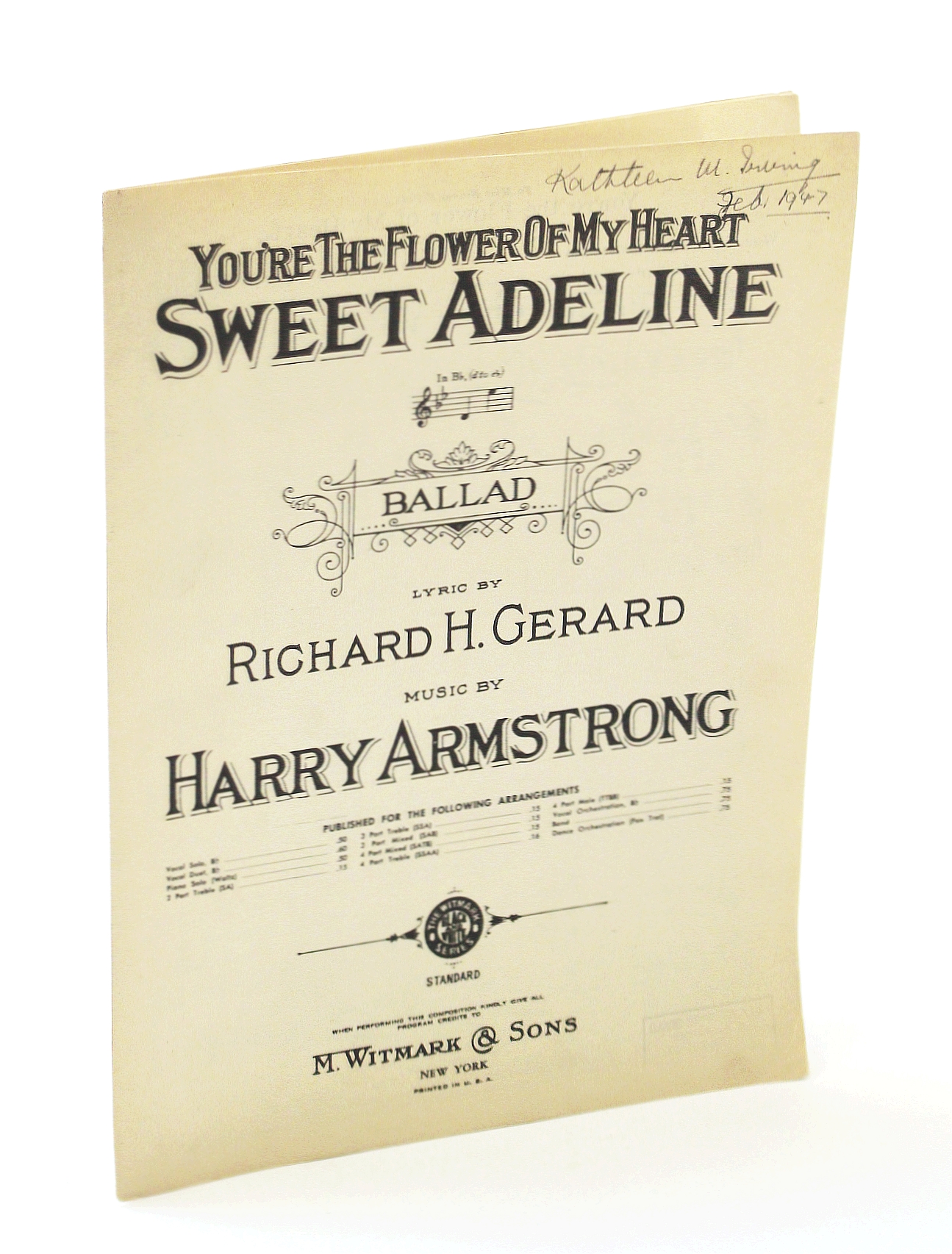 Image for 6003 YOU'RE THE FLOWER OF MY HEART " SWEET ADELINE " (SOLO in Bb ) BALLAD * LYRIC BY RICHARD H. GERARD * MUSIC BY HARRY ARMSTRONG 1913