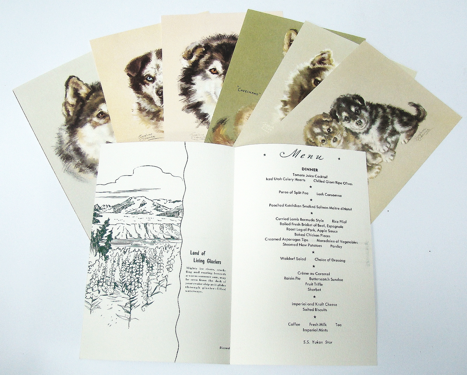 Image for Collection of Eight Cruise Menus, Circa 1940s, from the S.S. Yukon Star - Alaska Cruise Lines,  Featuring Dog Illustrations By Josephine Crumrine